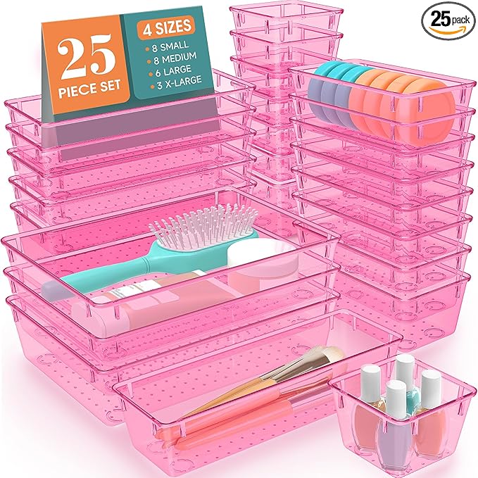 25 PCS Plastic Drawer Organizer Set, 4-Size Versatile Organizer Trays & storage Bins for Makeup, Jewelry, and Gadgets in Bathroom, Bedroom and Office, Clear Pink