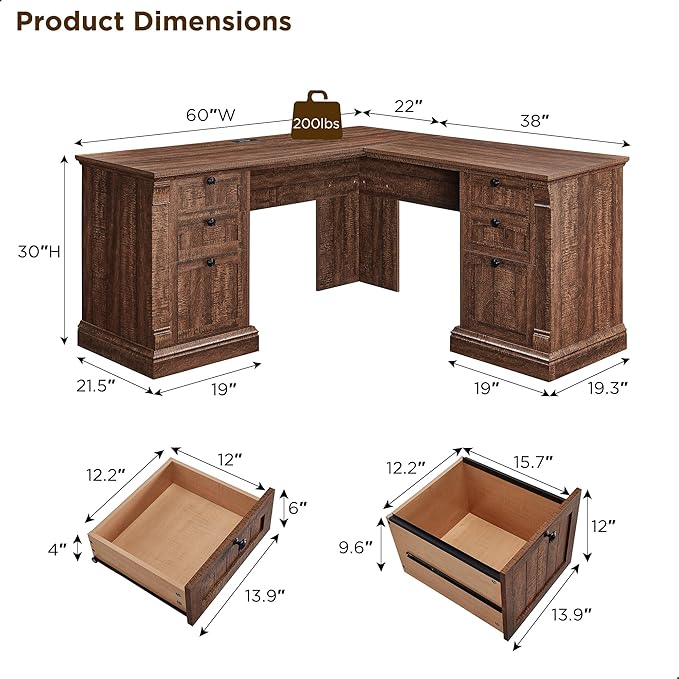 OKD 60" L Shaped Executive Desk with Drawers, Farmhouse Home Office Desk with Charging Station, File Cabinet Storage, Wood Corner Computer Desk for Work and Study, Reclaimed Barnwood
