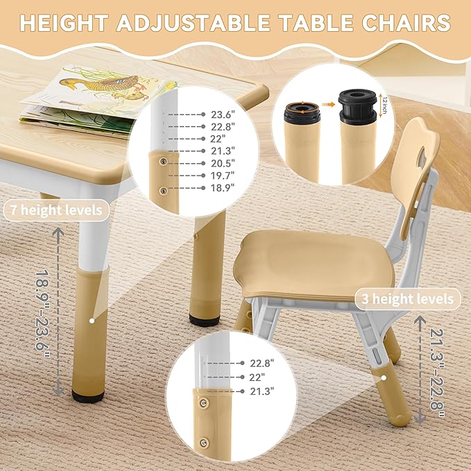 Kids Study Table and Chairs Set, Height Adjustable Toddler Table and Chair Set for Kids Ages 3-8, 31.5" L x 23.6" W Graffiti Desktop Plastic Children Art Table with 2 Seats, Brown