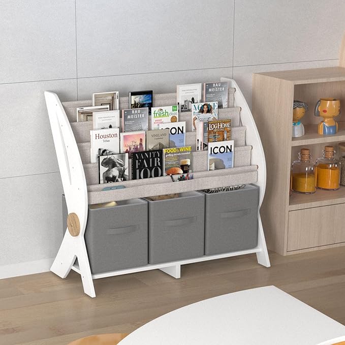 Kids Bookshelf Small 4 Sling Wood Book Rack Kids Room Bookcase Display Stand with 3 Toy Storage Organizer Cube Bins Children Toddler Baby Gift Boys Girls Bedroom Playroom Nursery