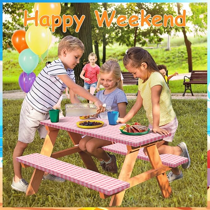 33" L x 20" W x 3" H Pink Grid Picnic Table Cover for Kids, Fitted Tablecloth for Outdoors Vinyl Waterproof Cloth for Camping Home Goods Indoor Outdoor Patio BBQ