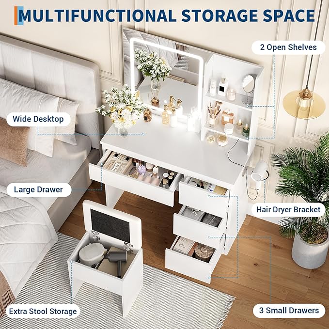 Vanity Desk with Mirror and LED Light, Vanity Desk with 4 Drawers, Power Outlet, Storage Stool, Storage Shelves & Hair Dryer Holder, Adjustable 3 Lighting Mode, Makeup Vanity Set for Bedroom, White