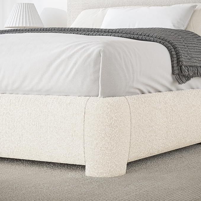 BarnFurin Boucle Upholstered Bed Frame King Size/Cloud Bed Frame/Soft Rounded Corners Headboard/Low Profile/No Box Spring Needed/Cream