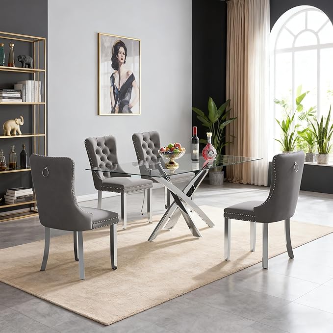 Goujxcy 51" Glass Dining Table Set for 4, Modern Kitchen Table and Chairs Set w/Steel Legs, 5-Piece Dining Table Set w/Glass Silver Dining Table and 4 Grey Velvet Chairs for Kitchen Dining Room