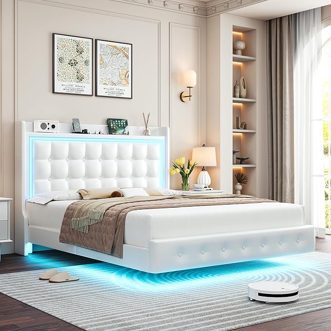 Keyluv Upholstered Full Floating Bed Frame with LED Lights and Charging Station, Pu Leather Platform Bed with Button Tufted Storage Headboard, Type-C & USB Charging Ports, No Box Spring Needed, White
