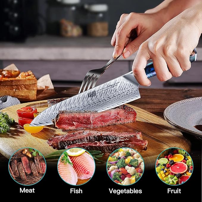 FINDKING Nebula Series Chef Knife with ABS Sheath, Multipurpose Japanese Gyuto Knife, 10Cr15CoMov Damascus Steel Blade, Resin and Figured Sycamore wood Handle, Full Tang, 8 Inch, Blue, for Meat