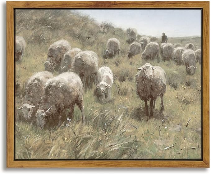 InSimSea Framed Canvas Wall Art Vintage Decor, Sheep On The Dunes Oil Painting Prints, Eclectic Room Decor, Retro Wall Art for Bedroom Home Bathroom Wall Decoration, 8"x10"