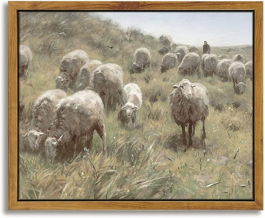 InSimSea Framed Canvas Wall Art Vintage Decor, Sheep On The Dunes Oil Painting Prints, Eclectic Room Decor, Retro Wall Art for Bedroom Home Bathroom Wall Decoration, 8"x10"