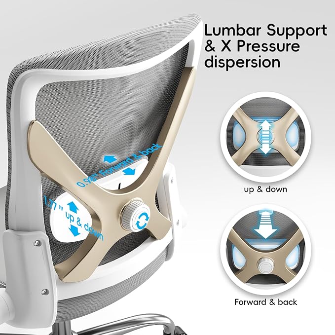 Ergonomic Office Chair-Computer PU Leather X-Shaped Desk Chair-Gaming Chair with Adjustable Flip-up Armrests Lumbar Support Mesh Executive Chair for Long Hours Office (Grey)