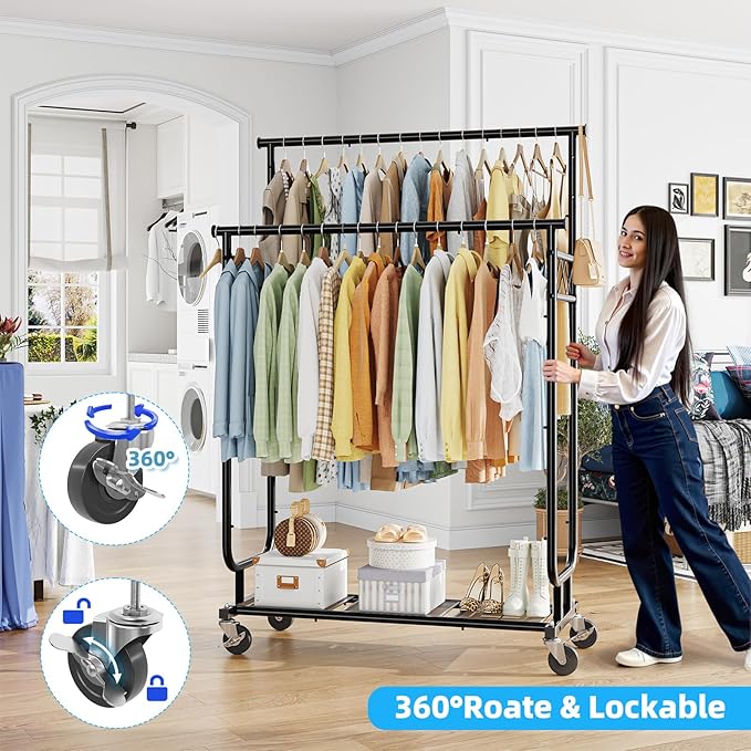 Clothes Rack Heavy Duty Load 450 LBS, 44 Inch Double Rod Rolling Clothing Rack for Hanging Clothes, Metal Garment Rack with Shelves, Wardrobe Rack Portable Closet, Black