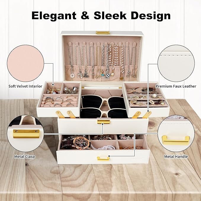 Dajasan Jewelry Box for Women, 3 Layers Large Jewelry Organizer Box, Jewelry Storage Case for Earring, Ring, Necklace, Bracelets (Cloud White + Gold)