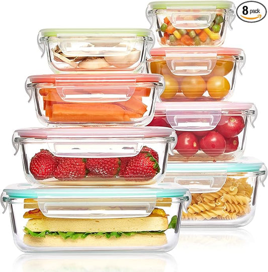 Vtopmart 8 Pack Glass Food Storage Containers with Airtight Lids, Glass Meal Prep Containers, Lunch Containers for Microwave, Oven, Freezer and Dishwasher, BPA Free