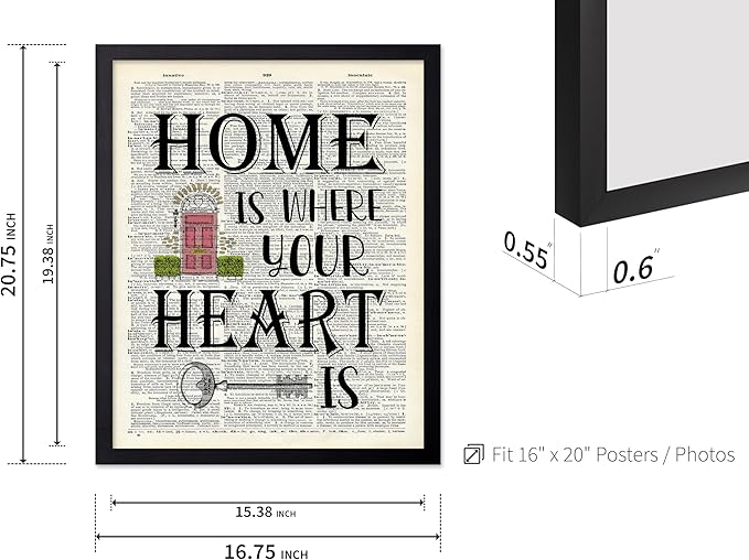 Poster Master Dictionary Art Poster - Home Is Where Your Heart Is Print - Motivational Art - Gift for Men & Women - Inspiring Wall Decor for Dorm, Bedroom or Living Room, 16x20 Black Framed