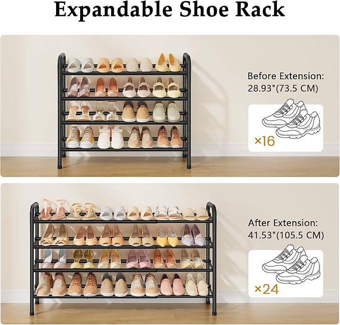 4 Tier Shoe Rack for Closet,Shoe Organizer, 28“ Metal Shelf Can Expandable to 42“, for Bedroom, Entryway, Living Room, Garage, Adjustable to 24 Pairs Shoes, Black
