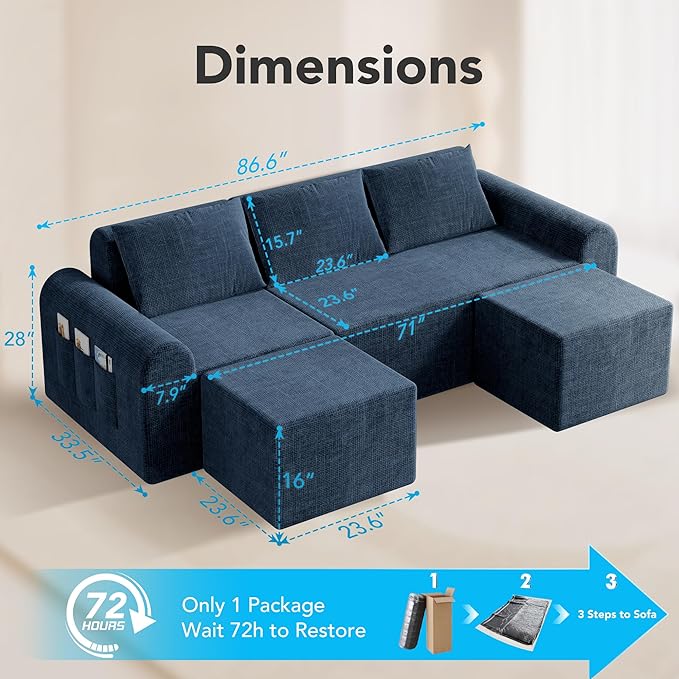 86.6” Cloud Boneless Sectional Sofa for Living Room, 3-Seater Modular Couch for Small Apartments with 2 Ottomans, Deep Seat Chenille Fabric Sofa, No Assembly Required, 72H Full Restore, Blue