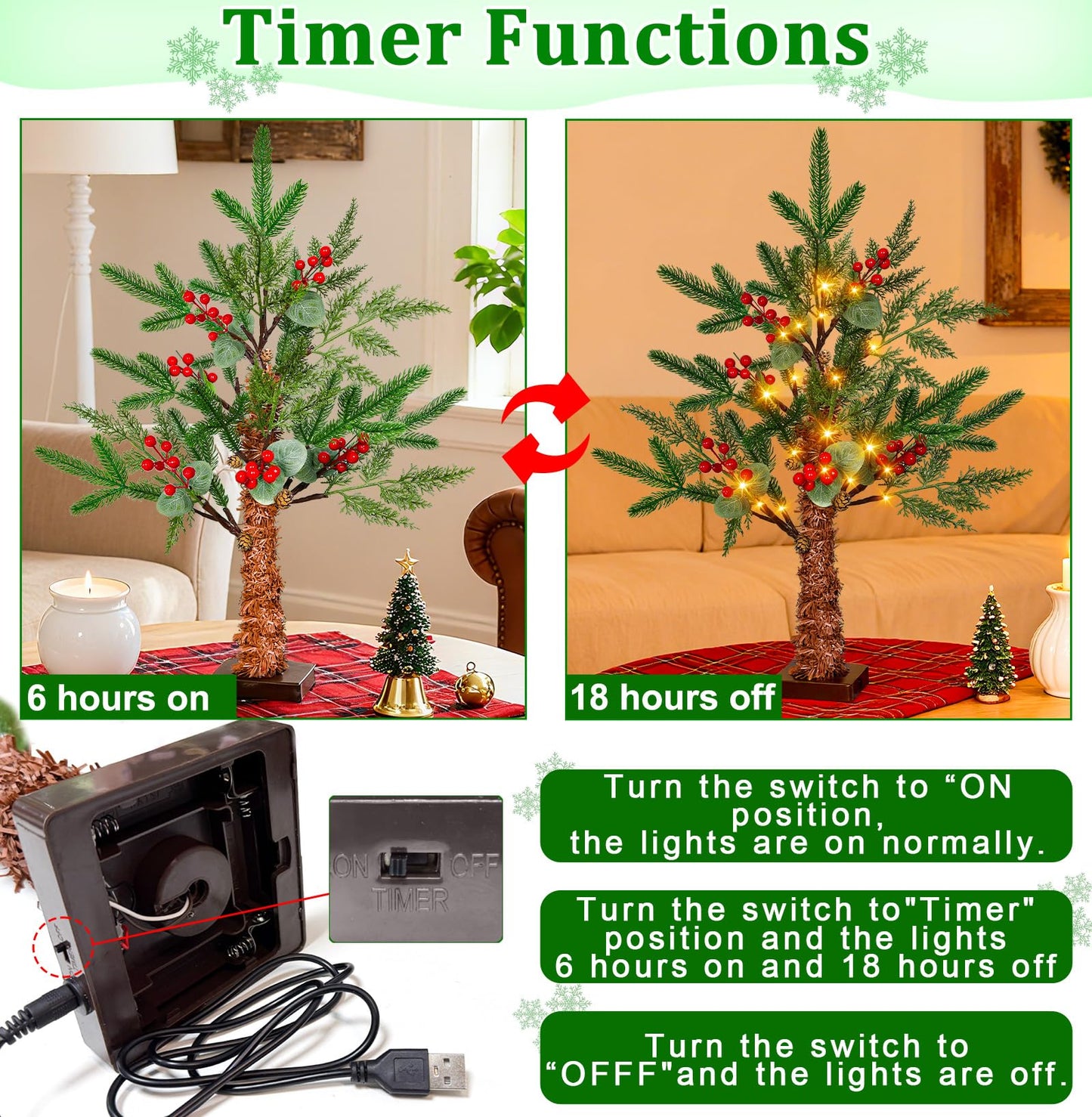 24" /2FT Tabletop Christmas Tree with Lights Timer, USB or Battery Powered, Prelit Small Christmas Trees with Realistic Norfolk Pine &Cypress Tips 24LED Berries Pinecones Xmas Indoor Home Table Desk