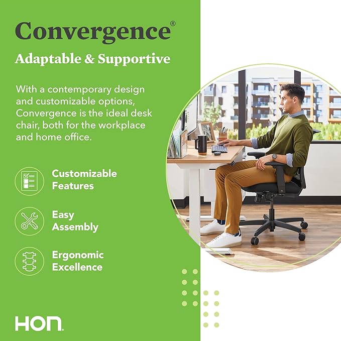 HON Convergence Ergonomic Office Chair, Breathable Back Support Mesh, Adjustable Arms, Computer Chair with Lumbar Support, Rolling Swivel Wheels, Comfortable Synchro-Tilt Recline, Fabric, Frost