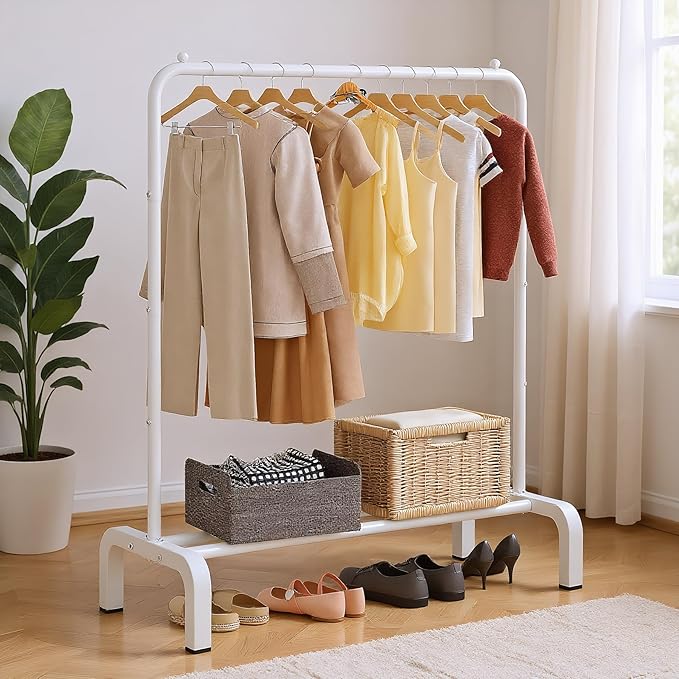 JIUYOTREE Standard Clothes Clothing Garment Rack with Storage Shelves Clothes Organizer for Hanging Clothes Coat Jacket Shirt Sweater Jeans White