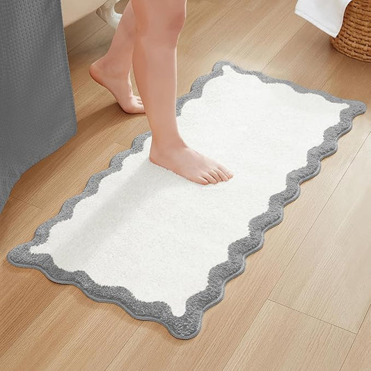 MONDAY MOOSE Bath Mat with Scalloped Wavy Ripple Design, Microfiber Absorbent Non Slip Tufted Rug for Floor, Shower or Kitchen (24x47 inch, Gray)