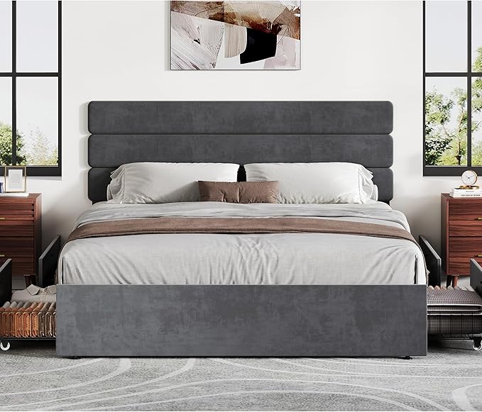 WLIVE Queen Size Upholstered Bed Frame with 4 Drawers and Velvet Square Tufted Headboard, Sturdy Metal & Wooden Slats Support, No Box Spring Needed, Easy Assembly, Dark Grey