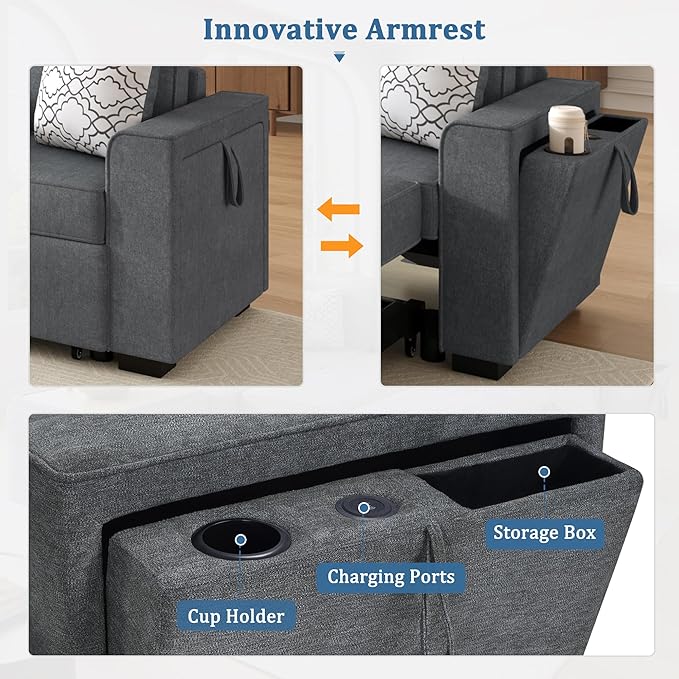 Ball & Cast Convertible Sleeper Sofa Bed,Chenille L Shaped Pull Out Couch Bed with Flip-Top Table, USB Ports & Hidden Cup Holders, Corner Sectional Sofa Couches for Living Room,Dark Grey