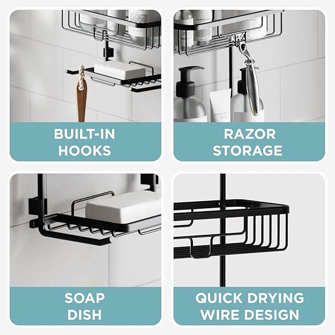 Zenna Home Rustproof Hanging Shower Caddy, Over the Shower Head Caddy with 2 Shelves and Built In Hooks, Aluminum Bathroom Hanging Organizer, Black