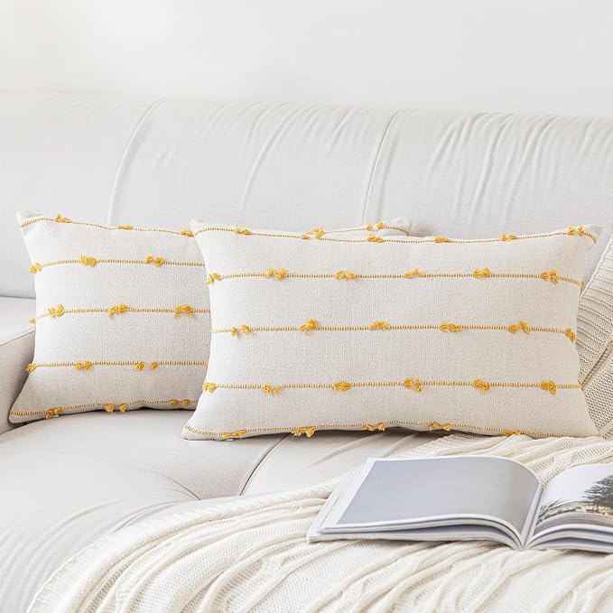 Boho Throw Pillow Covers 12x20 Set of 2 Modern Farmhouse Decorative Cushion Case Tufted Linen Square Pillows Cover Neutral Pillow Cases Accent Pillowcase for Sofa,Couch,Bed,Beige and Yellow