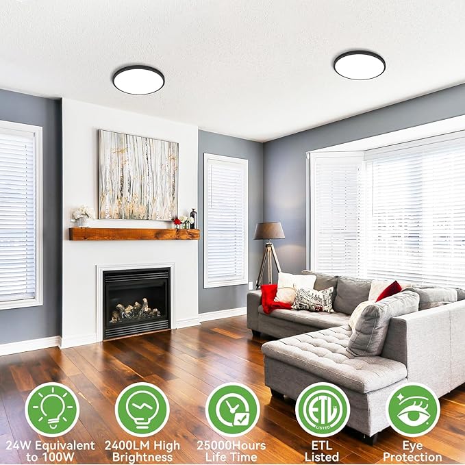 zemty LED Ceiling Light 9 Inch,24W 2400lm Bright Flush Mount Light Fixture 3000K/4500K/6000K Adjustable, Black Thin Flat Ceiling Lamp for Bathroom Closet Pantry Hallway - 6Pack