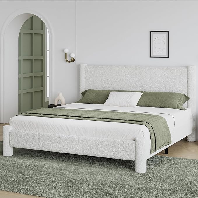 King Size Bed Frame, Boucle Upholstered Platform Bed with Headboard and Footboard, Soft Rounded Corners, No Box Spring Required, Easy Assembly, White