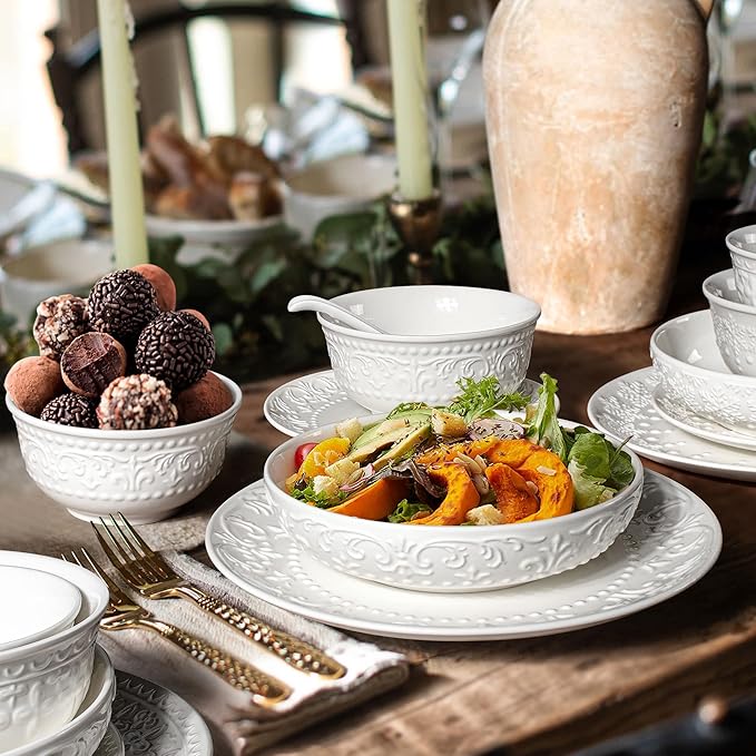 Small Ceramic Bowls - 14 Oz Ice Cream Bowls Set of 4, White Embossment Dessert Bowl for Kitchen, Soup, Side Dishes, Oatmeal, Rice, 4.75 Inch Microwave Oven Safe(Brocade Flower)