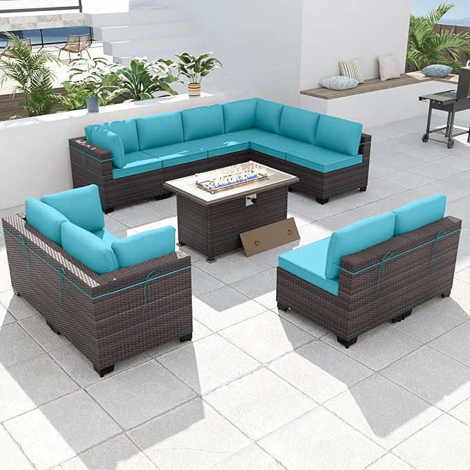 Kurapika 11 Pieces Patio Furniture Set, Rattan Wicker Outdoor Conversation Sets w/43in Propane Fire Pit Table and 4 Inch Cushion(Blue)