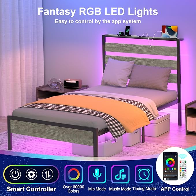 Twin Bed Frame with LED Lights & Charging Station, Metal Platform Bed with Headboard, Heavy Duty Metal Slats, No Box Spring Needed, Noise Free, Easy Assembly