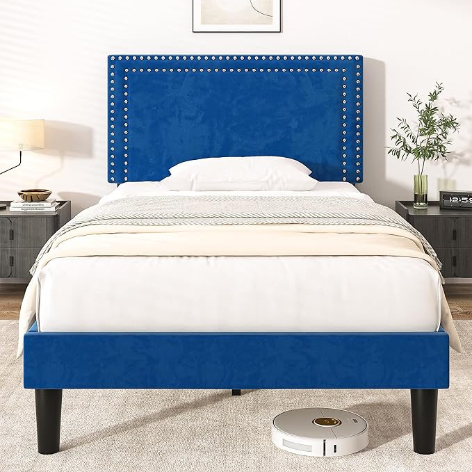VECELO Twin Size Platform Bed Frame with Adjustable Upholstered Headboard, Modern Mattress Foundation, Strong Wood Slat Support, No Box Spring Needed, Easy Assembly
