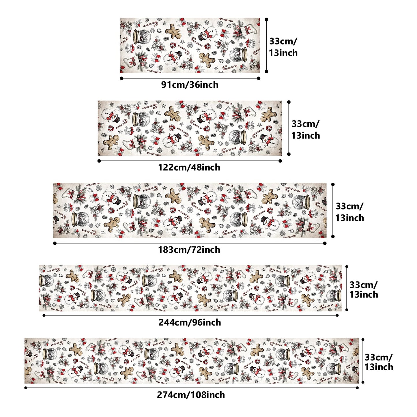 VIV CHERBL Christmas Table Runner with Snowmen, Gingerbread Men & Holiday Motifs, Table Decoration for Dining Party and Home Decor,72x13 inches