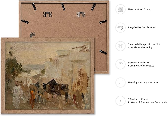 Poster Master Vintage The Bazaar Painting Poster - Retro Street in Udaipur Print - India Art - Cityscape Art - Farmhouse Art - Abstract Art - Office or Living Room Wall Decor, 16x20 Beige Framed