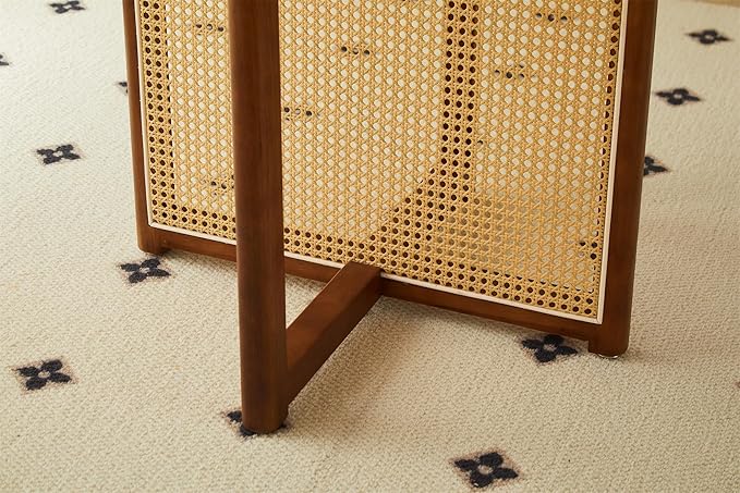 Small Round Coffee Table – 31.5" Solid Wood & Rattan Coffee Table, Modern Rustic Low Accent Table for Living Room, Boho Style, Walnut Height 29"