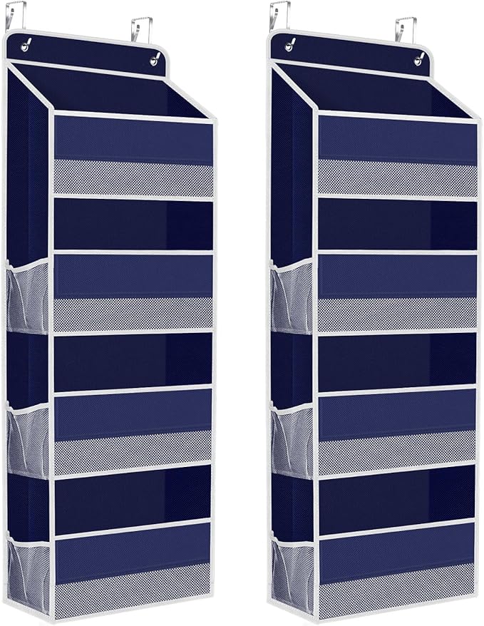 2 Pack Over The Door Organizer, Hanging Storage Organizer with Clear Window, 40lb Ultra Sturdy Large Capacity Room Organizer for Pantry Laundry Bathroom Nursery Closet (Blue)