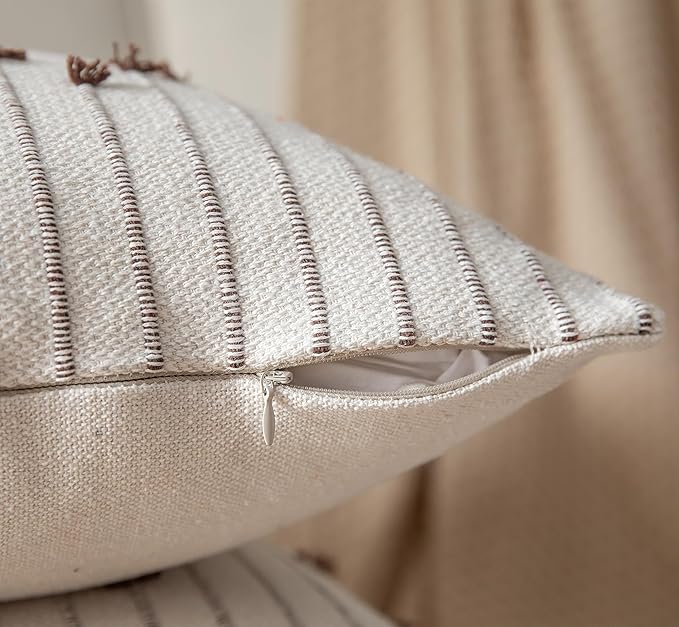 Boho Throw Pillow Covers 18x18 Set of 2 Decorative Pillows for Bed, Neutral Pillow Covers Beige with Coffee Line Throw Pillows for Modern Farmhouse Couch Sofa Living Room Outdoor