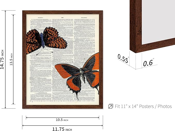 Poster Master Dictionary Art Poster - Butterflies Print - Moth Art - Butterfly Art - Insect Art - Gift for Men, Women & Animal Lover - Chic Decor for Living Room or Bedroom, 11x14 Brown Framed