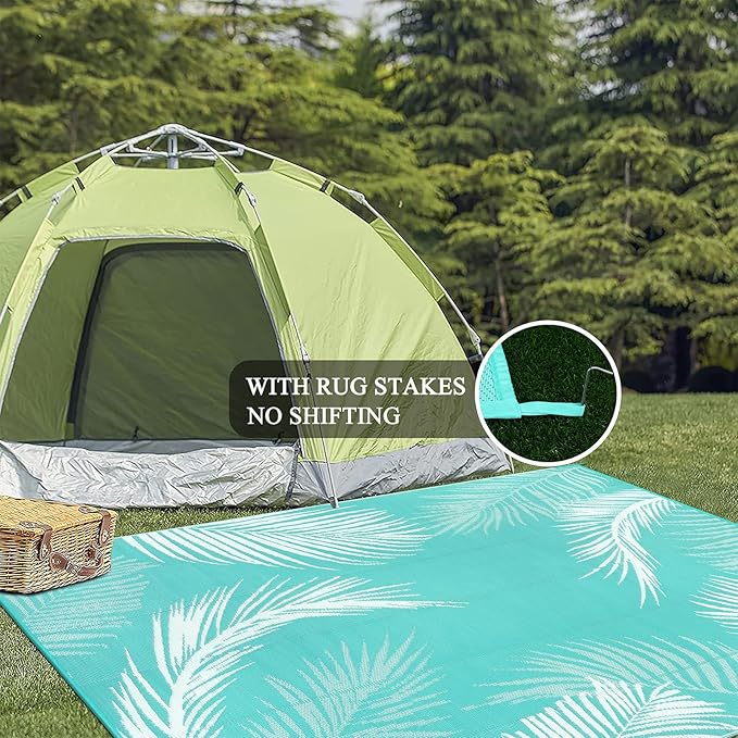 Pauwer Waterproof Outdoor Rug 6x9, Reversible Plastic Straw Patio Camping Rug, Indoor Outdoor RV Mat Carpet for Deck, Camper, Porch, Balcony, Backyard, Picnic, Leaf Light Blue