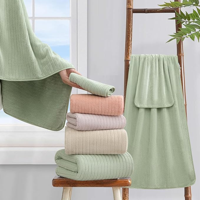 18 Piece Bath Towels Set,Super Soft Family Bathroom Towel Set with Hanging Loops-6 Bath Towels,6 Hand Towels,6 Washcloths,Highly Absorbent Quick Dry Shower Towel for Bathroom,Hotel,Spa-Green Towel Set