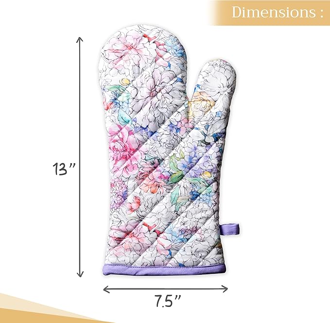 Maison d' Hermine Oven Gloves 100% Cotton Oven Mitt 7" x 13" with Loop Heat Resistant, BBQ, Cooking Gloves, Baking, Grilling, Kitchen, Handling Hot Pans Spring/Summer (Pack of 1, Floral Love)