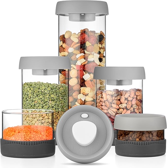 Glass Canisters Set - Kitchen Leakproof Seal Food Storage Jars - Coffee Bean Container - Pack of 5 Glass Canisters With Vacuum Airtight Lids for Cereal, Pet Treats, Nuts, Candy