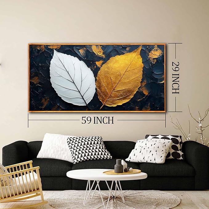 Leaves Wall Art for Living Room, Black White and Gold Canvas Wall Decor for Bedroom, Picture Print Artwork, Large Size 59 x 29 Inches Framed