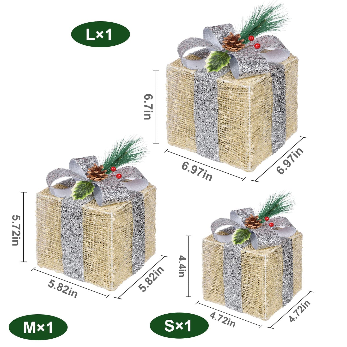 COVFEVER Christmas Lighted Gift Boxes, Pre-lit Lights Gold Linen Cloth Gift Boxes, Light up Present Boxes Set Battery Operated with Different Sizes for Holiday Indoor Outdoor Decorations (Gold Liene)