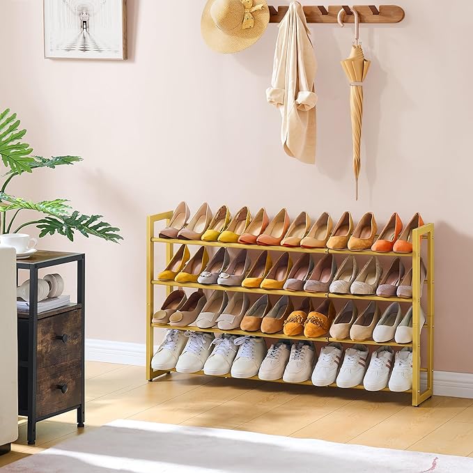 FAVOOSTY 4-Tier Expandable Shoe Rack, Adjustable Shoe Shelf Storage Organizer Space Saving Metal Free Standing Shoe Rack for Entryway Closet Doorway, Gold
