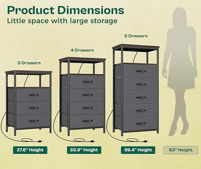 Huuger Night Stand with Charging Station, 4 Drawer Dresser for Bedroom, Bedside Table, 33.9 Inch Tall Nightstand with Open Shelf, End Table, for Closet, Entryway, Bedroom, Walnut