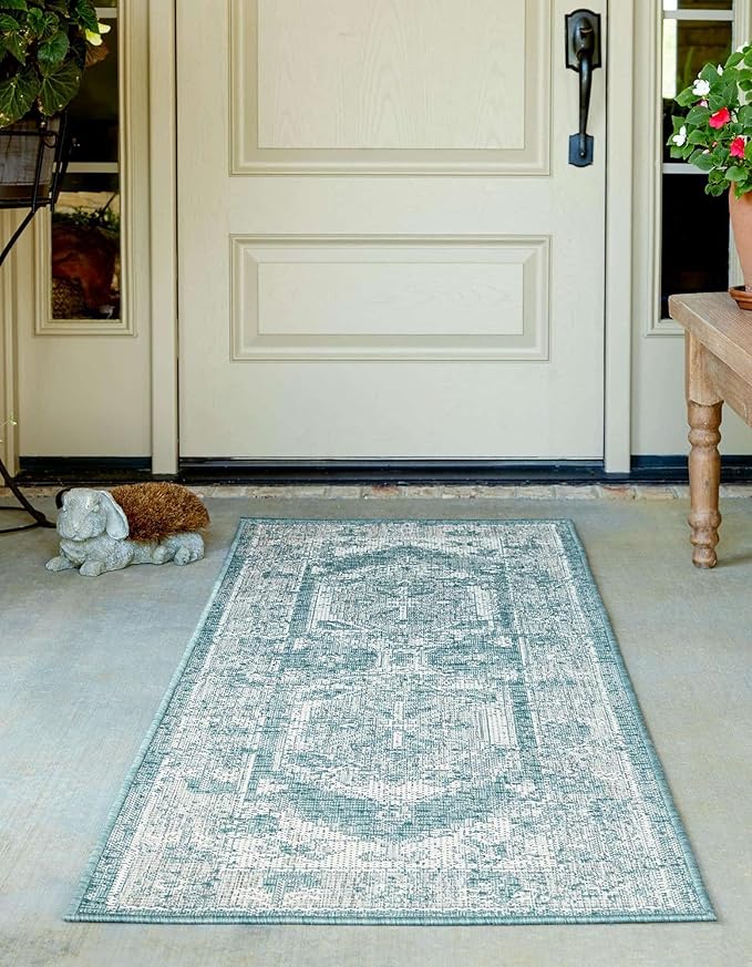 Unique Loom Outdoor Traditional Collection Area Rug - Valeria (2' x 6' 1" Runner, Aqua/ Ivory)