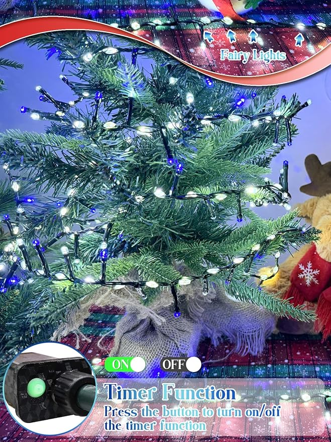 2025 New Christmas Cluster Lights 800 LED with Flowing Twinkling, Firecracker Fairy Lights with 15 Modes & Timer, Waterproof Christmas String Light for Indoor Outdoor Xmas Tree Party Garden Blue White