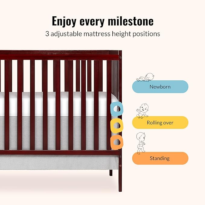 Dream On Me Synergy 5-in-1 Convertible Full-Size Baby Crib with Toddler, Day & Full Bed Conversion in Cherry, GreenGuard Gold & JPMA, 3 Mattress Heights, Sustainable Pinewood